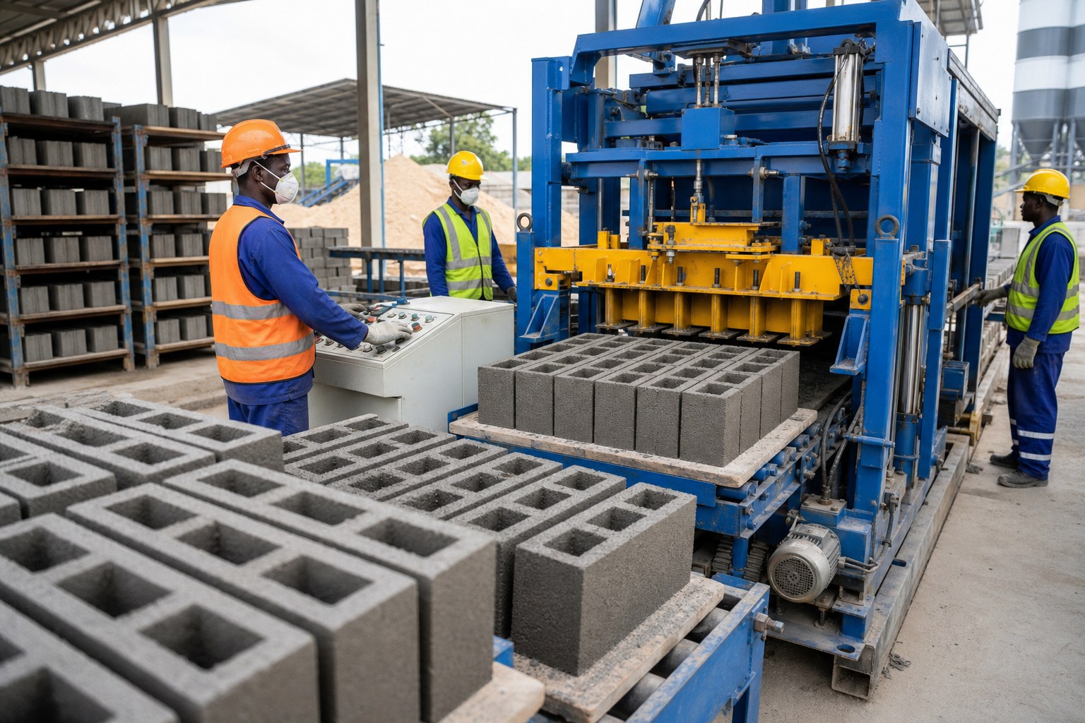 Modern concrete block manufacturing machine producing building blocks