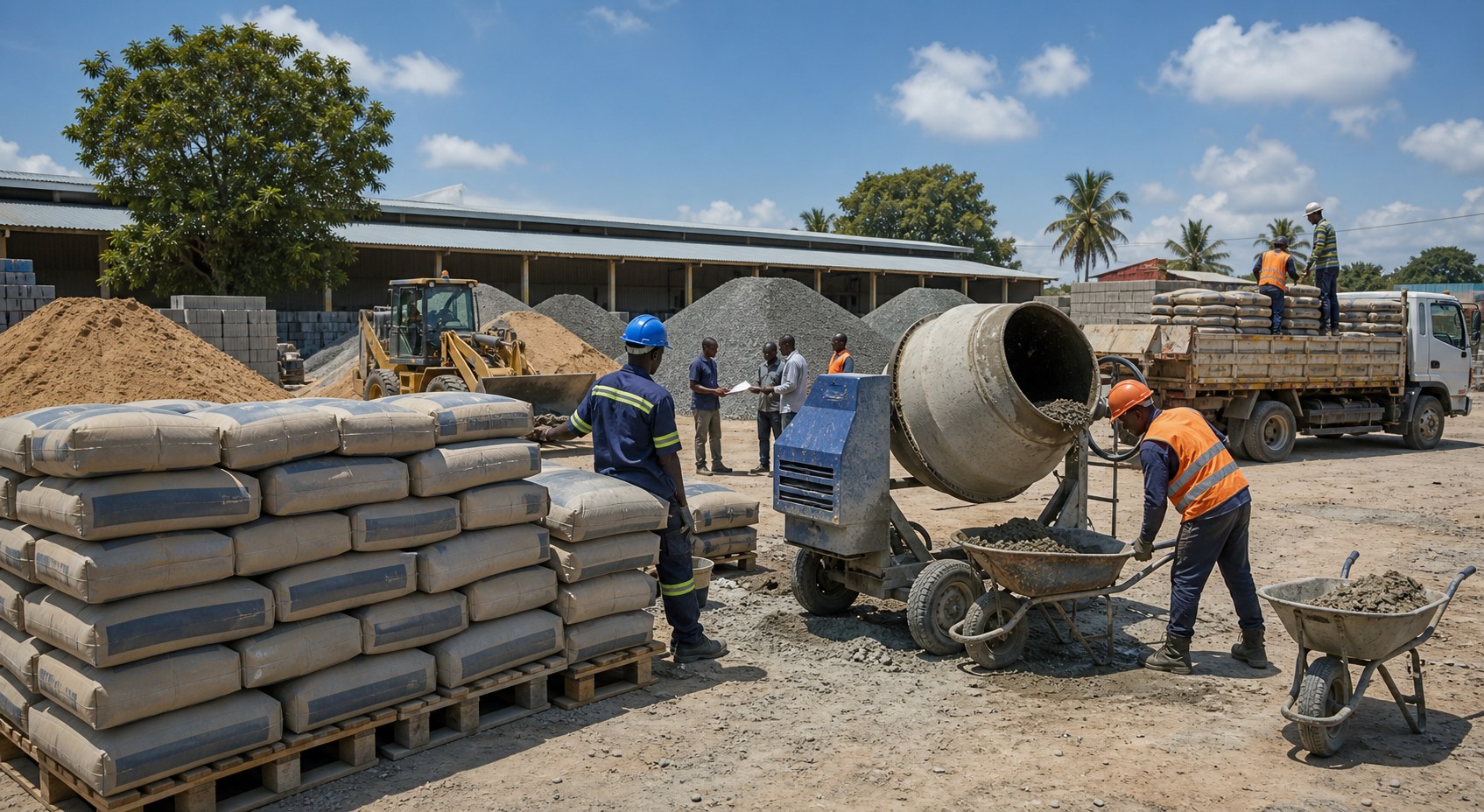 Cement bags, sand piles and concrete mixer at a materials yard