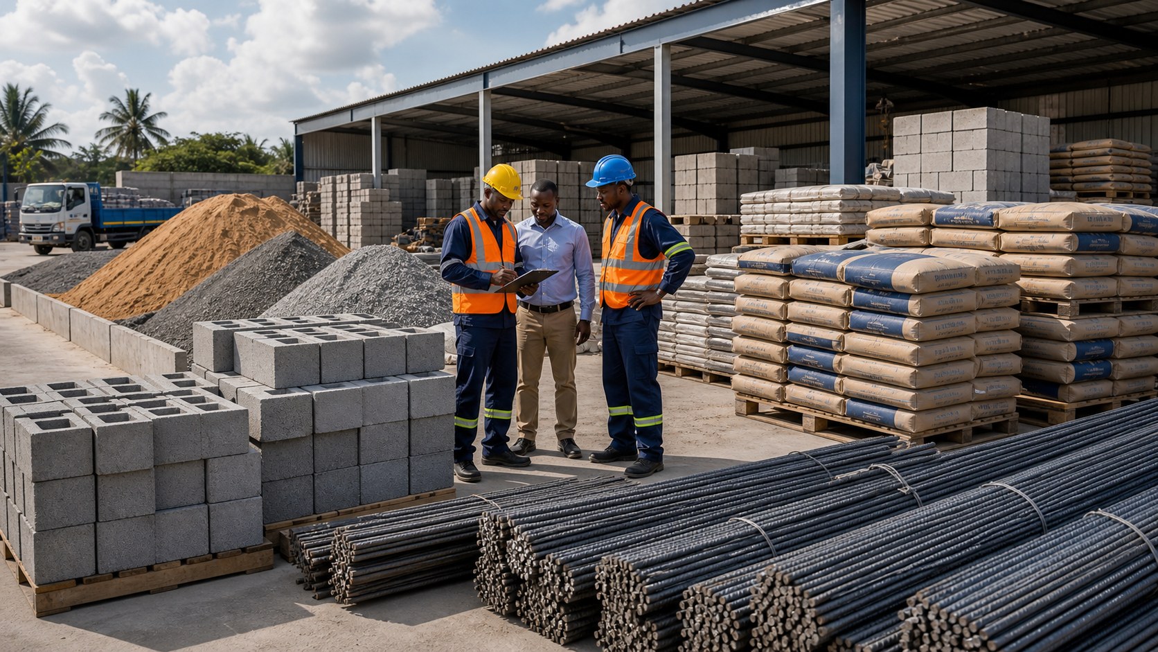 Organized stock of blocks, cement, sand and steel bars
